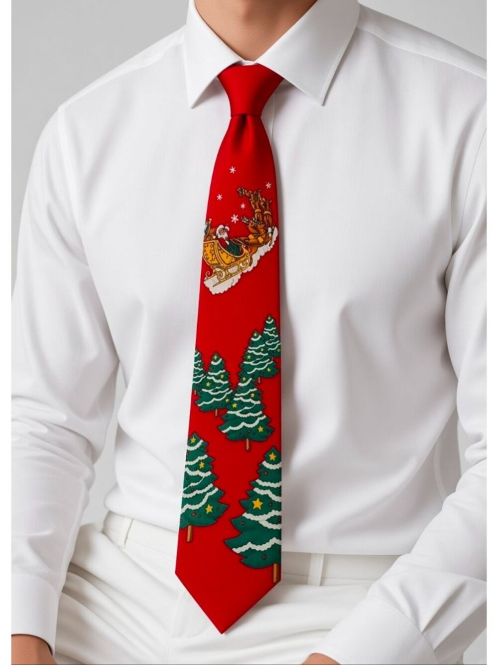 Santa Sleigh & Christmas Tree Red Novelty Tie Festive Holiday Design
